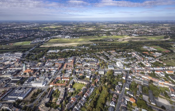 Aerial view, Hamm airfield and construction site for the Lippe floodplain project on the river Lippe and Datteln-Hamm canal with city centre view in the district of Heessen in Hamm, Ruhr area, North Rhine-Westphalia, Germany, construction work, construction area, building site, building plots, construction project, construction site, DE, Europe, distant view, airfield, Hamm, runway, aerial view, aerial photography, aerial photography, runway, overview, bird's eye view, bird's eye view, overview