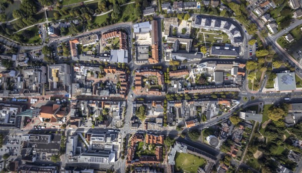 Aerial view, residential area Nordenwall and Oststraße with catholic parish church St. Agnes and high bunker Widumstraße in the district Mitte in Hamm, Ruhr area, North Rhine-Westphalia, Germany, place of worship, DE, Europe, religious community, place of worship, property tax, Hamm, holy place, real estate, church, parish, denomination, aerial view, aerial photography, aerial photography, religion, religious site, overview, bird's eye view, residential area, living and life, residential area, residential buildings, residential quality, residential neighbourhood, housing estate, birds-eyes view, overview