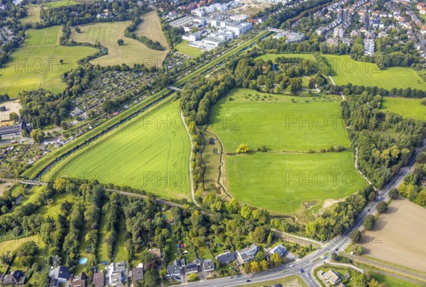 Aerial view, meadows and fields at the allotment garden association Ahsetal in the district Mitte in Hamm, Ruhr area, North Rhine-Westphalia, Germany, DE, Europe, community garden, Hamm, KGV, allotment garden, allotment garden site, allotment garden association, aerial view, aerial photography, aerial photography, allotment garden, overview, bird's-eye view, overview