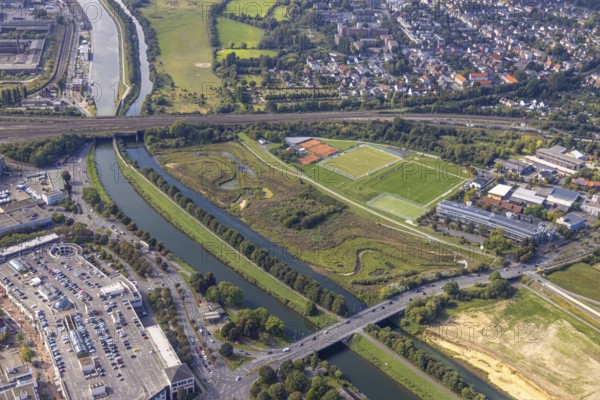 Aerial view, construction site for project Erlebensraum Lippeaue am Fluss Lippe und Datteln-Hamm-Kanal im Stadtteil Heessen in Hamm, Ruhr area, North Rhine-Westphalia, Germany, construction work, construction area, building site, building plots, construction project, construction site, DE, Europe, Hamm, aerial view, aerial photography, aerial photography, overview, bird's-eye view, bird's-eye view, overview