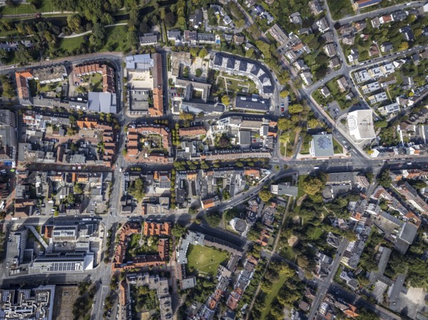 Aerial view, residential area Nordenwall and Oststraße with catholic parish church St. Agnes and high bunker Widumstraße in the district Mitte in Hamm, Ruhr area, North Rhine-Westphalia, Germany, place of worship, DE, Europe, religious community, place of worship, property tax, Hamm, holy place, real estate, church, parish, denomination, aerial view, aerial photography, aerial photography, religion, religious site, overview, bird's eye view, residential area, living and life, residential area, residential buildings, residential quality, residential neighbourhood, housing estate, birds-eyes view, overview