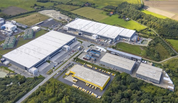Aerial view, construction site Distribution Park between Trianelstraße and Trianel power plant in the district of Uentrop in Hamm, Ruhr area, North Rhine-Westphalia, Germany, construction work, construction area, building site, building plots, construction project, construction site, DE, Europe, commercial enterprises, commercial area, commercial park, commercial site, commercial use, Hamm, industrial area, industrial building, industrial site, aerial photograph, aerial photography, aerial photography, Trianelstraße, overview, bird's-eye view, birds-eyes view, overview