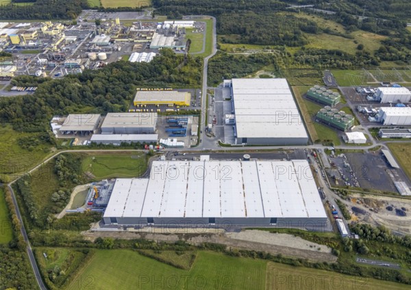 Aerial view, construction site Distribution Park between Trianelstraße and Trianel power plant in the district of Uentrop in Hamm, Ruhr area, North Rhine-Westphalia, Germany, construction work, construction area, building site, building plots, construction project, construction site, DE, Europe, commercial enterprises, commercial area, commercial park, commercial site, commercial use, Hamm, industrial area, industrial building, industrial site, aerial photograph, aerial photography, aerial photography, Trianelstraße, overview, bird's-eye view, birds-eyes view, overview