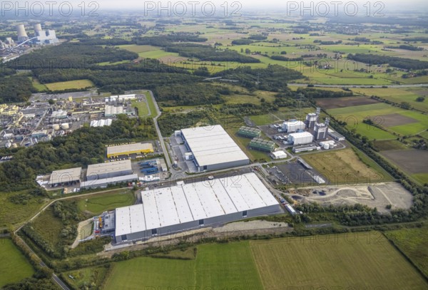 Aerial view, construction site Distribution Park between Trianelstraße and Trianel power plant in the district of Uentrop in Hamm, Ruhr area, North Rhine-Westphalia, Germany, construction work, construction area, building site, building plots, construction project, construction site, DE, Europe, commercial enterprises, commercial area, commercial park, commercial site, commercial use, Hamm, industrial area, industrial building, industrial site, aerial photograph, aerial photography, aerial photography, Trianelstraße, overview, bird's-eye view, birds-eyes view, overview