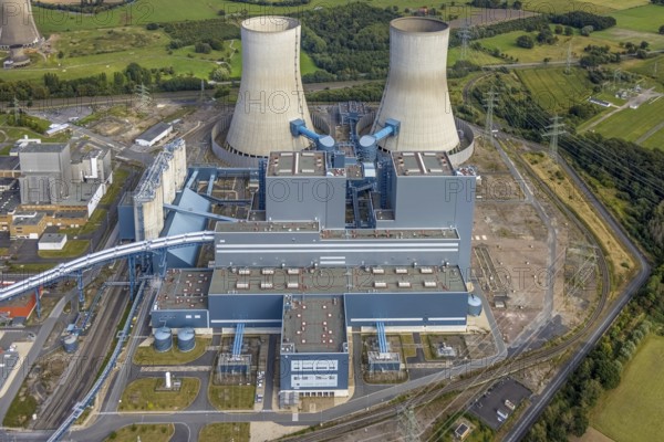 Aerial view, RWE power plant Westfalen and cooling towers in the district Uentrop in Hamm, Ruhr area, North Rhine-Westphalia, Germany, DE, Europe, Hamm, power plant, cooling towers, aerial view, aerial photography, aerial photography, overview, bird's-eye view, overview