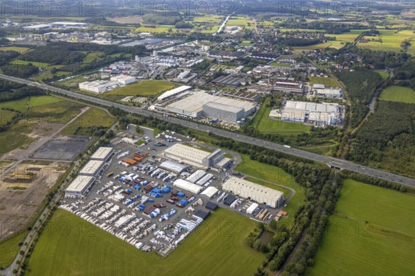 Aerial view, commercial area Siegenbeckstraße at the motorway A2 in the district Uentrop in Hamm, Ruhr area, North Rhine-Westphalia, Germany, DE, Europe, commercial enterprises, commercial area, commercial park, commercial location, commercial use, Hamm, industrial area, industrial building, industrial location, aerial photograph, aerial photography, aerial photography, overview, bird's-eye view, bird's-eye view, overview
