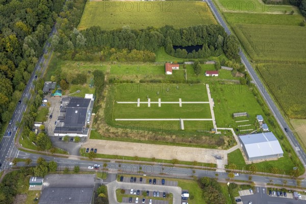 Aerial view, von-Thünen-Halle with archery facility in the district of Rhynern in Hamm, Ruhr area, North Rhine-Westphalia, Germany, DE, Europe, Hamm, aerial view, aerial photography, aerial photography, sports, sports facilities, sports venue, overview, bird's-eye view, overview