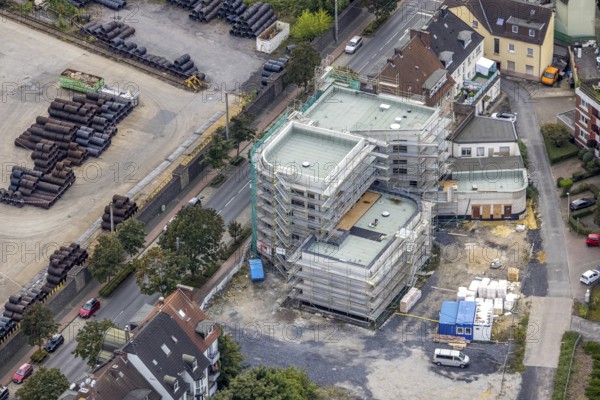 Aerial view, construction site with new building on Wilhelmstraße in the Mitte district of Hamm, Ruhr area, North Rhine-Westphalia, Germany, construction work, construction area, construction site, building plots, construction project, construction site, DE, Europe, Hamm, aerial view, aerial photography, aerial photography, new building, overview, bird's-eye view, overview