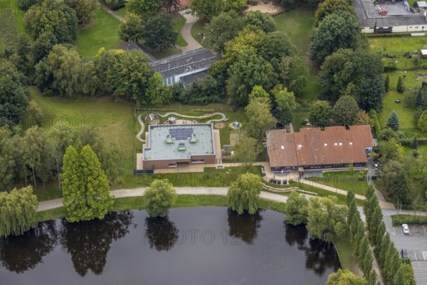 Aerial view, day care centre Blauland in the district Pelkum in Hamm, Ruhr area, North Rhine-Westphalia, Germany, DE, Europe, Hamm, kindergarten, day care centre, day care centre, aerial photograph, aerial photography, aerial photography, overview, bird's-eye view, overview