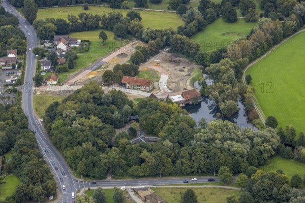 Aerial view, construction site and renovation of the Schlossmühle am Mühlengraben am Mühlenteich in the district Heessen in Hamm, Ruhr area, North Rhine-Westphalia, Germany, construction work, construction area, building site, building plots, construction project, construction site, DE, Europe, Hamm, aerial view, aerial photography, aerial photography, aerial photography, renovation, overview, bird's-eye view, overview