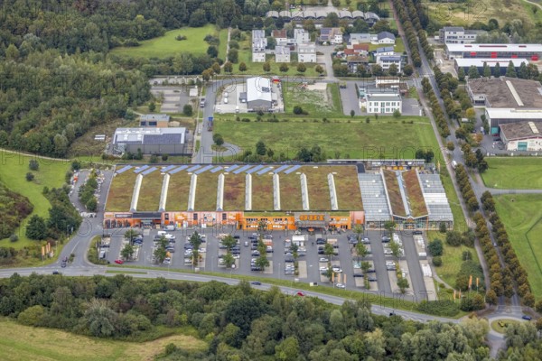 Aerial view, OBI DIY store Sachsenweg in the district Heessen in Hamm, Ruhr area, North Rhine-Westphalia, Germany, DIY store, DE, Europe, Hamm, aerial view, aerial photography, aerial photography, overview, bird's eye view, birds-eyes view, overview