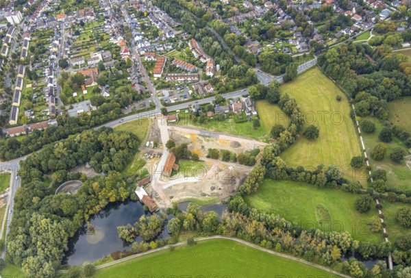 Aerial view, construction site and renovation of the Schlossmühle am Mühlengraben am Mühlenteich in the district Heessen in Hamm, Ruhr area, North Rhine-Westphalia, Germany, construction work, construction area, building site, building plots, construction project, construction site, DE, Europe, Hamm, aerial view, aerial photography, aerial photography, aerial photography, renovation, overview, bird's-eye view, overview