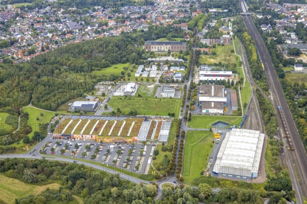 Aerial view, commercial area Sachsenweg in the district Heessen in Hamm, Ruhr area, North Rhine-Westphalia, Germany, DE, Europe, commercial enterprises, commercial area, commercial park, commercial location, commercial use, Hamm, industrial area, industrial building, industrial location, aerial photograph, aerial photography, aerial photography, overview, bird's-eye view, overview