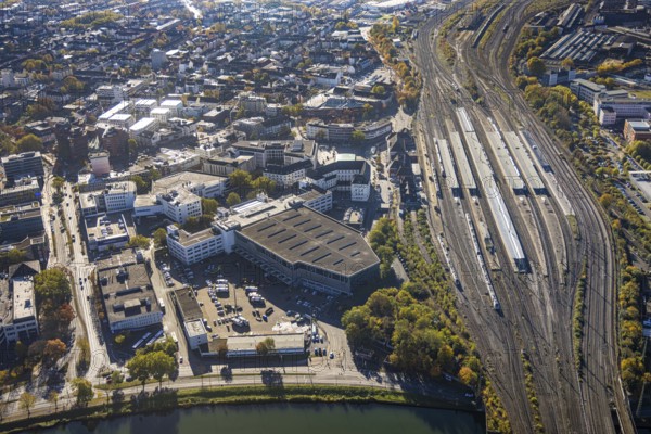 Aerial view, Hamm main station and city centre view Platz der Deutschen Einheit in the district of Heessen in Hamm, Ruhr area, North Rhine-Westphalia, Germany, railway tracks, railway station, DE, Deutsche Bahn AG, Europe, Hamm, main station, main railway station, aerial view, aerial photography, aerial photography, overview, bird's-eye view, overview