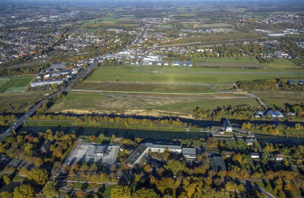 Aerial view, Hamm airfield and water sports centre with Hammonense grammar school on Adenauerallee in the Mitte district of Hamm, Ruhr area, North Rhine-Westphalia, Germany, DE, Europe, Hamm, aerial view, aerial photography, aerial photography, park, lock, sports centre, overview, bird's-eye view, bird's-eye view, overview
