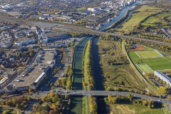 Aerial view, Allee-Center and Lippe floodplain at the Datteln-Hamm canal and river Lippe as well as Hamm main station in the background in the district Mitte in Hamm, Ruhr area, North Rhine-Westphalia, Germany, railway tracks, railway station, DE, Deutsche Bahn AG, Europe, Hamm, main station, main railway station, aerial view, aerial photography, aerial photography, overview, bird's-eye view, overview