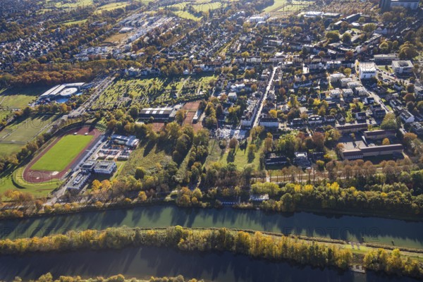 Aerial view, Jahnstadion and Ambulante Reha Bad Hamm as well as Tus Kita Wirbelwind in the district Heessen in Hamm, Ruhr area, North Rhine-Westphalia, Germany, DE, Europe, football pitch, football stadium, health care, Hamm, kindergarten, day care centre, day care centre, Kita, Kita Wirbelwind, aerial view, aerial photography, aerial photography, medical facility, medical aid, sports, sports facilities, sports field, sports facility, overview, bird's-eye view, overview, reha Bad Hamm, medical care