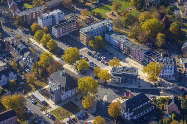 Aerial view, town hall of Heessen on Amtsstraße and redesign of Heessen market in the district of Heessen in Hamm, Ruhr area, North Rhine-Westphalia, Germany, DE, Europe, Hamm, aerial view, aerial photography, aerial photography, market, new building, renovation, refurbishment, overview, bird's-eye view, overview