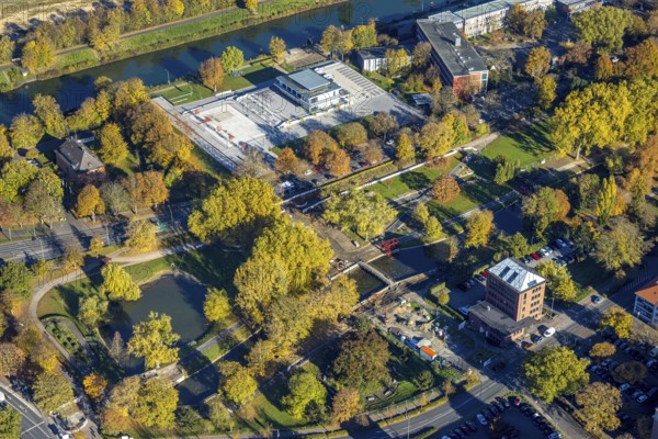 Aerial view, connection between Nordpark and city centre to the water sports centre at the Adenauerallee and Nordringpark in the district Mitte in Hamm, Ruhr area, North Rhine-Westphalia, Germany, DE, Europe, Hamm, aerial view, aerial photography, aerial photography, park, sports centre, overview, bird's eye view, birds-eyes view, overview
