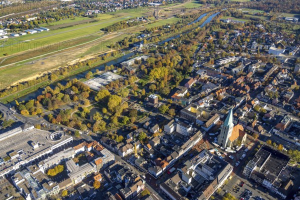 Aerial view, connection between Nordpark and city centre to the water sports centre at the Adenauerallee and Nordringpark in the district Mitte in Hamm, Ruhr area, North Rhine-Westphalia, Germany, place of worship, DE, Europe, religious community, place of worship, Hamm, holy place, church, parish, denomination, aerial view, aerial photography, aerial photography, park, religion, religious site, sports centre, overview, bird's-eye view, overview