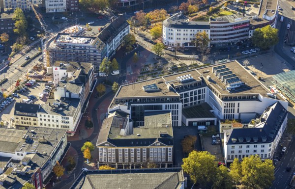 Aerial view, city centre at Platz der Deutschen Einheit and new building at Neue Bahnhofstraße in the Mitte district of Hamm, Ruhr area, North Rhine-Westphalia, Germany, construction work, construction area, building site, building plots, construction project, construction site, DE, Europe, Hamm, Heinrich-von-Kleist-Forum, aerial view, aerial photography, aerial photography, new building, SRH University in North Rhine-Westphalia, overview, bird's-eye view, overview