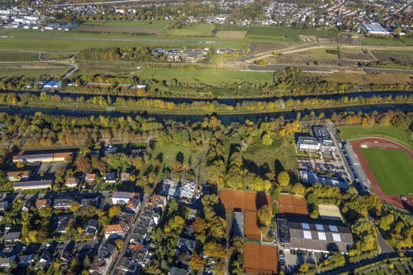 Aerial view, Ambulante Reha Bad Hamm at the Datteln-Hamm canal as well as Hamm airfield and Mattenbecke sewage treatment plant in the district of Mitte in Hamm, Ruhr area, North Rhine-Westphalia, Germany, DE, Europe, health care, Hamm, aerial view, aerial photography, aerial photography, medical facility, medical aid, overview, bird's eye view, overview, medical care