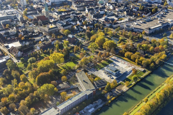 Aerial view, connection between Nordpark and city centre to the water sports centre at the Adenauerallee and Nordringpark in the district Mitte in Hamm, Ruhr area, North Rhine-Westphalia, Germany, DE, Europe, Hamm, aerial view, aerial photography, aerial photography, park, sports centre, overview, bird's eye view, birds-eyes view, overview