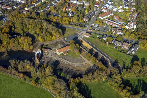 Aerial view, construction site and renovation of the Schlossmühle am Mühlengraben am Mühlenteich in the district Heessen in Hamm, Ruhr area, North Rhine-Westphalia, Germany, construction work, construction area, building site, building plots, construction project, construction site, DE, Europe, Hamm, aerial view, aerial photography, aerial photography, aerial photography, renovation, overview, bird's-eye view, overview