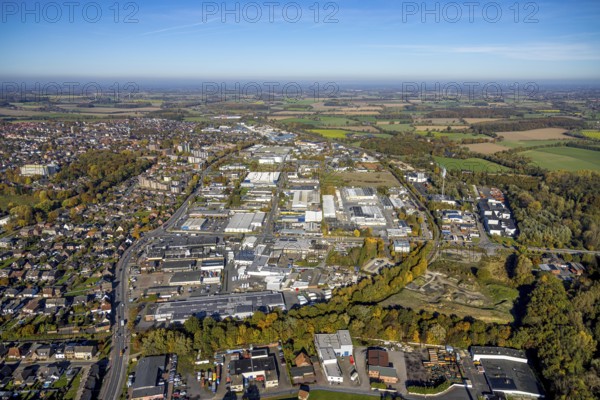 Aerial view, commercial area Römerstraße in the district Bockum-Hövel in Hamm, Ruhr area, North Rhine-Westphalia, Germany, DE, Europe, distant view, commercial enterprises, commercial area, commercial area, commercial site, commercial use, Hamm, industrial plants, industrial area, industrial site, colony, aerial photograph, aerial photography, aerial photography, Rhine-Ruhr metropolitan region, overview, bird's-eye view, bird's-eye view, overview