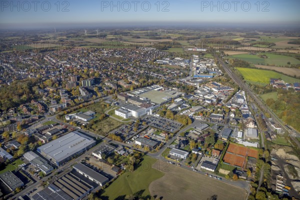 Aerial view, Hella GmbH in the district Bockum-Hövel in Hamm, Ruhr area, North Rhine-Westphalia, Germany, DE, Europe, commercial enterprises, commercial area, commercial park, commercial location, commercial use, Hamm, industrial area, industrial building, industrial location, aerial photograph, aerial photography, aerial photography, overview, bird's-eye view, overview