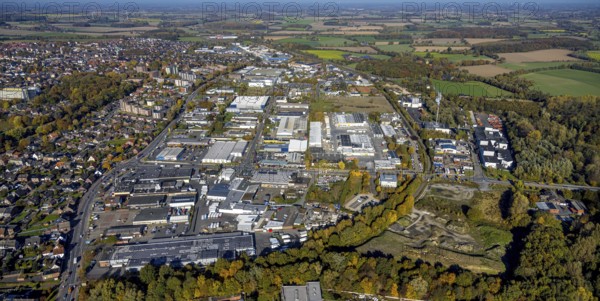 Aerial view, commercial area Römerstraße in the district Bockum-Hövel in Hamm, Ruhr area, North Rhine-Westphalia, Germany, DE, Europe, distant view, commercial enterprises, commercial area, commercial area, commercial site, commercial use, Hamm, industrial plants, industrial area, industrial site, colony, aerial photograph, aerial photography, aerial photography, Rhine-Ruhr metropolitan region, overview, bird's-eye view, bird's-eye view, overview
