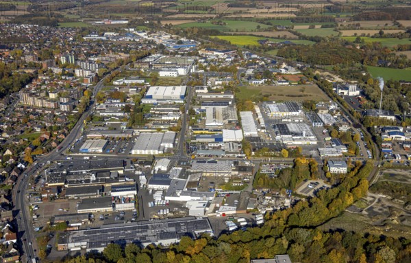 Aerial view, commercial area Römerstraße in the district Bockum-Hövel in Hamm, Ruhr area, North Rhine-Westphalia, Germany, DE, Europe, distant view, commercial enterprises, commercial area, commercial area, commercial site, commercial use, Hamm, industrial plants, industrial area, industrial site, colony, aerial photograph, aerial photography, aerial photography, Rhine-Ruhr metropolitan region, overview, bird's-eye view, bird's-eye view, overview