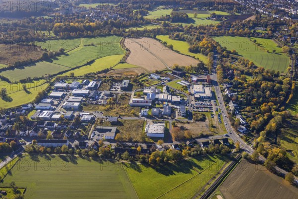 Aerial view, commercial area Hohefeld with Herbert-Rust-Weg in the district Uentrop in Hamm, Ruhr area, North Rhine-Westphalia, Germany, DE, Europe, commercial enterprises, commercial area, commercial area Hohefeldweg, commercial park, commercial location, commercial use, Hamm, industrial area, industrial building, industrial location, aerial view, aerial photography, aerial photography, overview, bird's-eye view, bird's-eye view, overview