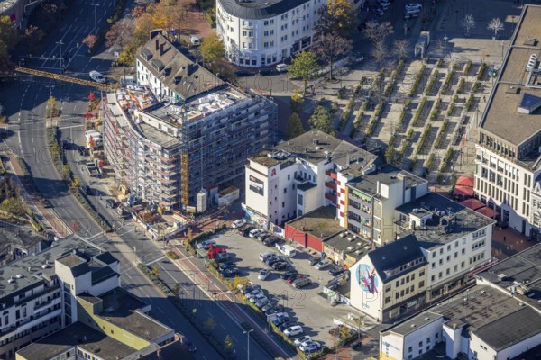Aerial view, Hamm main station with city centre and construction site with new building at Willy-Brandt-Platz at Bahnhofstraße in the district Mitte in Hamm, Ruhr area, North Rhine-Westphalia, Germany, railway tracks, station, station forecourt, platform, construction work, construction area, building site, building plots, construction measure, construction project, construction site, DE, Deutsche Bahn AG, Europe, Hamm, main station, main station, aerial view, aerial photography, aerial photography, new building, overview, bird's eye view, bird's eye view, overview