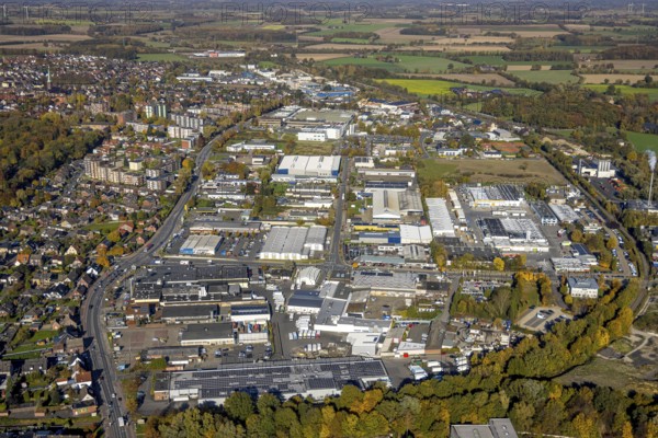 Aerial view, commercial area Römerstraße in the district Bockum-Hövel in Hamm, Ruhr area, North Rhine-Westphalia, Germany, DE, Europe, distant view, commercial enterprises, commercial area, commercial area, commercial site, commercial use, Hamm, industrial plants, industrial area, industrial site, colony, aerial photograph, aerial photography, aerial photography, Rhine-Ruhr metropolitan region, overview, bird's-eye view, bird's-eye view, overview