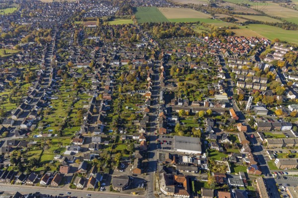 Aerial view, housing estate between Horster Straße and Berliner Straße in the district Bockum-Hövel in Hamm, Ruhr area, North Rhine-Westphalia, Germany, DE, Europe, property tax, Hamm, real estate, aerial view, aerial photography, aerial photography, overview, bird's-eye view, housing estate, housing and living, residential area, residential buildings, quality of living, residential neighbourhood, housing estate2, birds-eyes view, overview