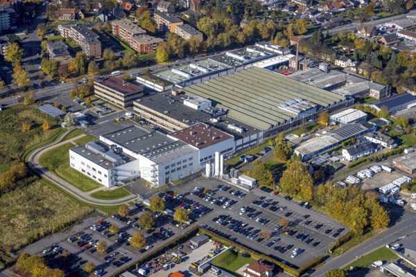 Aerial view, Hella GmbH in the district Bockum-Hövel in Hamm, Ruhr area, North Rhine-Westphalia, Germany, DE, Europe, commercial enterprises, commercial area, commercial park, commercial location, commercial use, Hamm, industrial area, industrial building, industrial location, aerial photograph, aerial photography, aerial photography, overview, bird's-eye view, overview