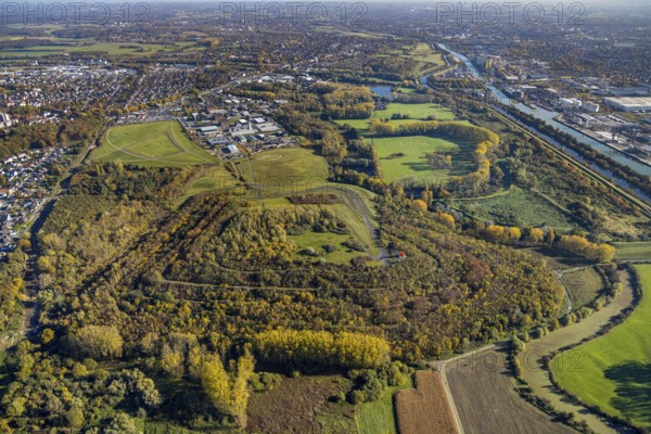 Aerial view, Radbod spoil tip with Radbod spoil tip sign and Alte Lippe in the Bockum-Hövel district of Hamm, Ruhr area, North Rhine-Westphalia, Germany, Alter Lippearm, DE, Europe, spoil tip, Hamm, landmark, aerial view, aerial photography, aerial photography, Alte Lippe nature reserve, overview, bird's-eye view, forest, birds-eyes view, overview