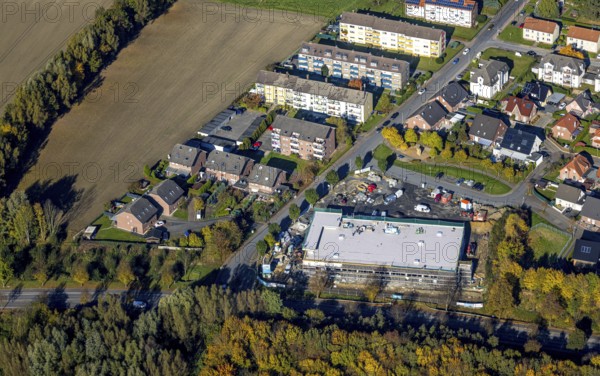 Aerial view, construction site Am Dahlhof with new Aldi supermarket in the district Bockum-Hövel in Hamm, Ruhr area, North Rhine-Westphalia, Germany, construction work, construction area, building site, building plots, construction project, construction site, DE, shopping centres, Europe, Hamm, aerial view, aerial photography, aerial photography, new building, overview, bird's eye view, bird's eye view, overview
