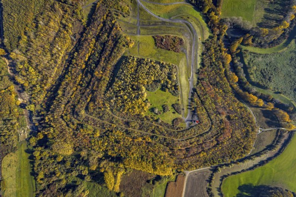 Aerial view, Radbod spoil tip with Radbod spoil tip sign and Alte Lippe in the Bockum-Hövel district of Hamm, Ruhr area, North Rhine-Westphalia, Germany, Alter Lippearm, DE, Europe, spoil tip, Hamm, landmark, aerial view, aerial photography, aerial photography, Alte Lippe nature reserve, overview, bird's-eye view, forest, birds-eyes view, overview