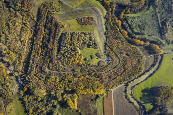 Aerial view, Radbod spoil tip with Radbod spoil tip sign and Alte Lippe in the Bockum-Hövel district of Hamm, Ruhr area, North Rhine-Westphalia, Germany, Alter Lippearm, DE, Europe, spoil tip, Hamm, landmark, aerial view, aerial photography, aerial photography, Alte Lippe nature reserve, overview, bird's-eye view, forest, birds-eyes view, overview