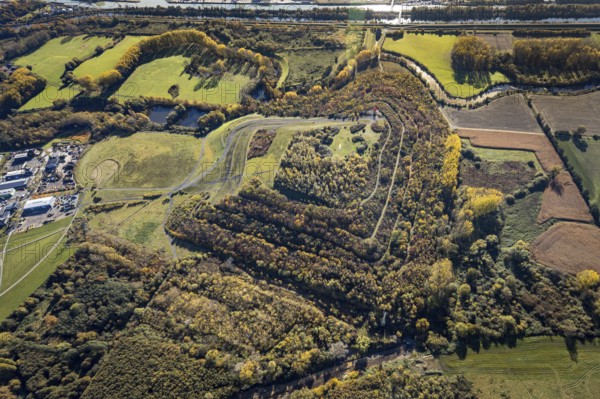 Aerial view, Radbod spoil tip with Radbod spoil tip sign and Alte Lippe in the Bockum-Hövel district of Hamm, Ruhr area, North Rhine-Westphalia, Germany, Alter Lippearm, DE, Europe, spoil tip, Hamm, landmark, aerial view, aerial photography, aerial photography, Alte Lippe nature reserve, overview, bird's-eye view, forest, birds-eyes view, overview