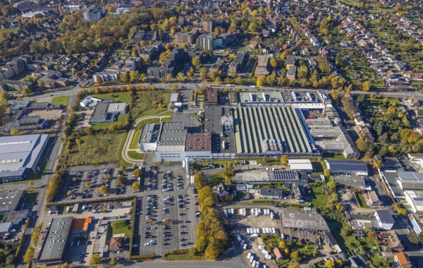 Aerial view, Hella GmbH in the district Bockum-Hövel in Hamm, Ruhr area, North Rhine-Westphalia, Germany, DE, Europe, commercial enterprises, commercial area, commercial park, commercial location, commercial use, Hamm, industrial area, industrial building, industrial location, aerial photograph, aerial photography, aerial photography, overview, bird's-eye view, overview