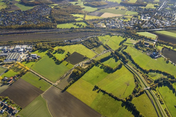 Aerial view, flooded area between marshalling yard, Wiescher Bach, Heeringer Bach, Kamener Straße and Daberg in the district Pelkum in Hamm, Ruhr area, North Rhine-Westphalia, Germany, DE, Europe, Hamm, aerial view, aerial photography, aerial photography, overview, bird's-eye view, meadows and fields, birds-eyes view, overview, flooded area, flooded area