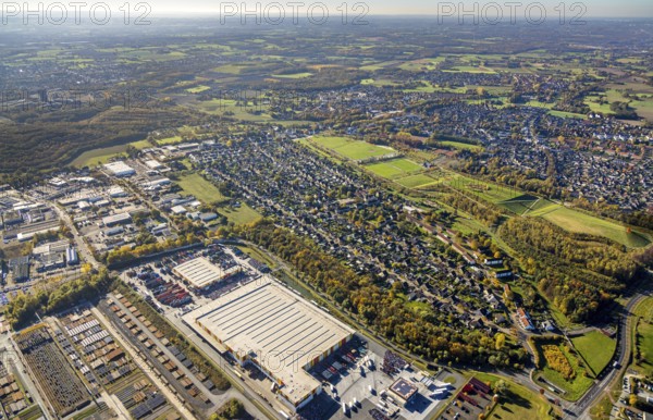 Aerial view, Lippepark Hamm - Schacht Franz and housing estate between Albert-Funk-Straße and Juffernbuschstraße as well as t-log trinklogistik iam Hafen m district Herringen in Hamm, Ruhr area, North Rhine-Westphalia, Germany, DE, Europe, distant view, commercial enterprises, commercial area, commercial location, commercial use, property tax, harbour area, harbour road, Hamm, real estate, industrial area, industrial building, industrial location, aerial view, aerial photography, aerial photography, park, overview, bird's-eye view, residential area, residential area, residential buildings, residential quality, residential quarter, housing estate, birds-eyes view, overview