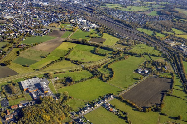 Aerial view, flooded area between marshalling yard, Wiescher Bach, Heeringer Bach, Kamener Straße and Daberg in the district Pelkum in Hamm, Ruhr area, North Rhine-Westphalia, Germany, DE, Europe, Hamm, aerial view, aerial photography, aerial photography, overview, bird's-eye view, meadows and fields, birds-eyes view, overview, flooded area, flooded area