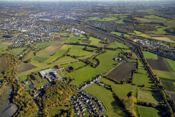 Aerial view, flooded area between marshalling yard, Wiescher Bach, Heeringer Bach, Kamener Straße and Daberg in the district Pelkum in Hamm, Ruhr area, North Rhine-Westphalia, Germany, DE, Europe, Hamm, aerial view, aerial photography, aerial photography, overview, bird's-eye view, meadows and fields, birds-eyes view, overview, flooded area, flooded area
