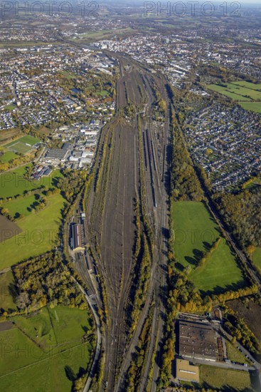 Aerial view, marshalling yard in the Pelkum district of Hamm, Ruhr area, North Rhine-Westphalia, Germany, railway tracks, railway station, DE, Deutsche Bahn AG, Europe, Hamm, aerial view, aerial photography, aerial photography, marshalling yard, overview, bird's-eye view, overview