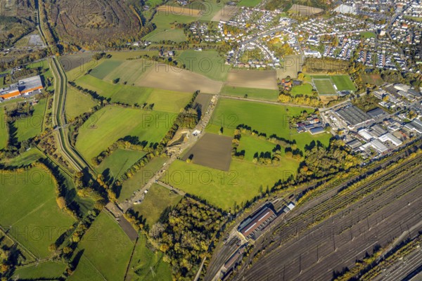 Aerial view, flooded area between marshalling yard, Wiescher Bach, Heeringer Bach, Kamener Straße and Daberg in the district Pelkum in Hamm, Ruhr area, North Rhine-Westphalia, Germany, DE, Europe, Hamm, aerial view, aerial photography, aerial photography, overview, bird's-eye view, meadows and fields, birds-eyes view, overview, flooded area, flooded area