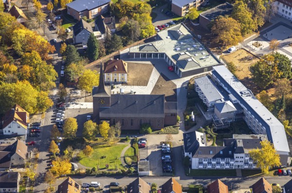 Aerial view, Caritas retirement home St. Josef and new building Haus der Begegnung and Heilig Kreuz Kirche in the district of Herringen in Hamm, Ruhr area, North Rhine-Westphalia, Germany, retirement home, old people's home, place of worship, care and nursing, DE, Europe, religious community, place of worship, Hamm, holy place, church, parish, denomination, aerial view, aerial photography, aerial photography, care facility, religion, religious site, retirement home, retirement residence, retirement home, retirement centre, overview, bird's eye view, birds-eyes view, overview
